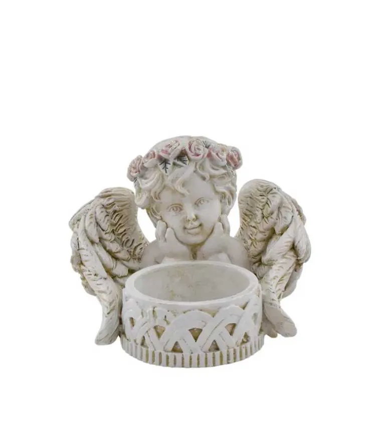 Engel med stage til fyrfadslys, Antik hvid