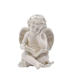 Gravpynt, engel siddende med bog.