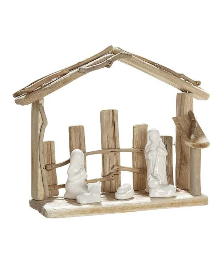 Julekrybbe i drivtømmer og porcelæn, bred