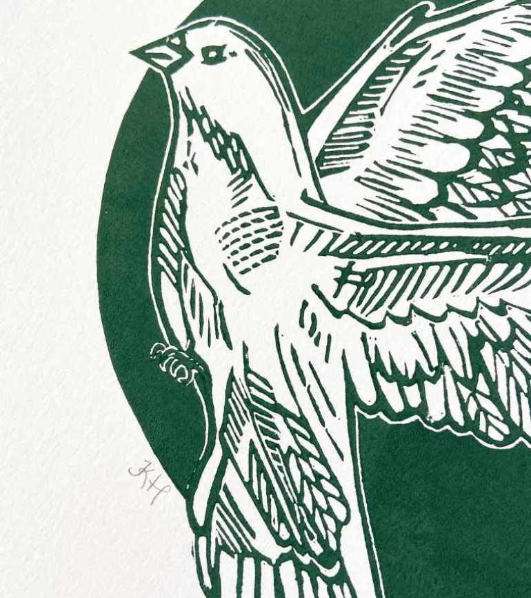 Linoleumstryk, Håbefugl, Grøn, A3 Plakat