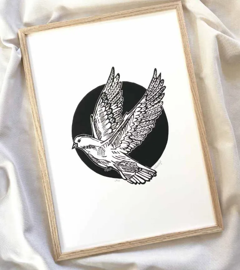 Linoleumstryk, Håbefugl, sort, A3 Plakat