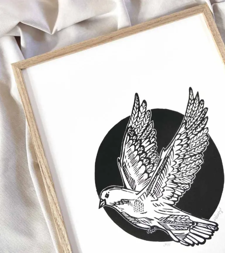Linoleumstryk, Håbefugl, sort, A3 Plakat