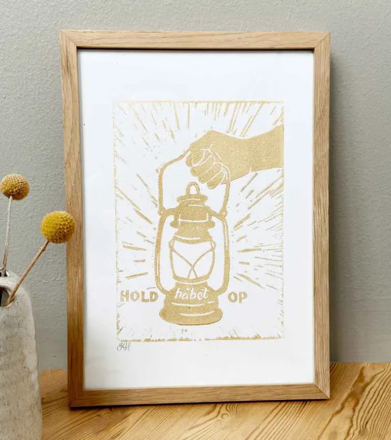 Linoleumstryk: Hold håbet op, A4 Plakat, Guld