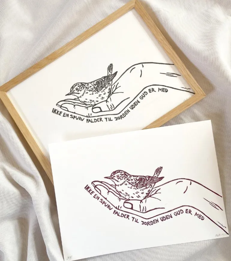 Linoleumstryk: Ikke en spurv, A4 Plakat, Sort