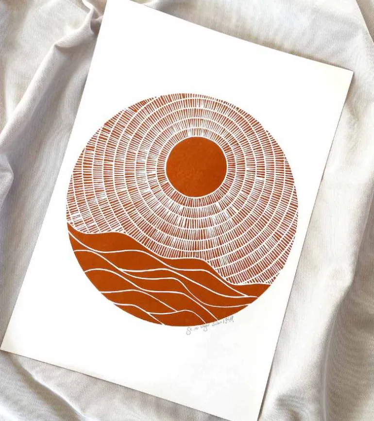 Linoleumstryk, Se nu stiger solen, Okker, A3 Plakat