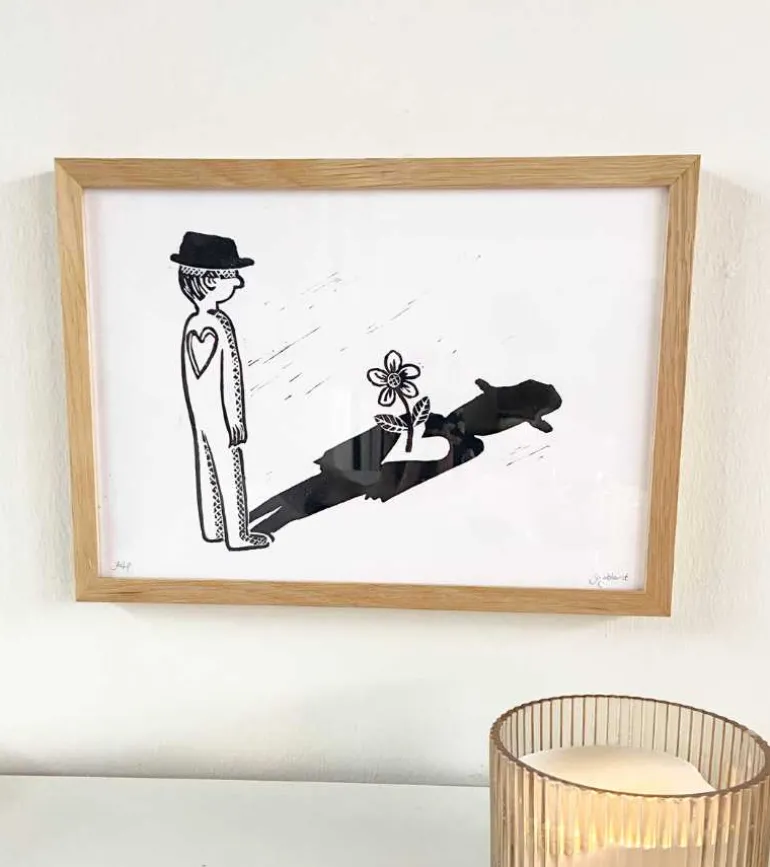 Linoleumstryk: Sorgblomst, A4 Plakat, Sort