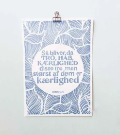 Linoleumstryk: Tro, Håb og Kærlighed, A3 Plakat, Blå